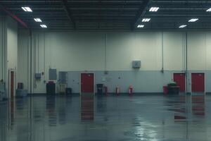 Empty industrial space with reflective floor and doors. photo