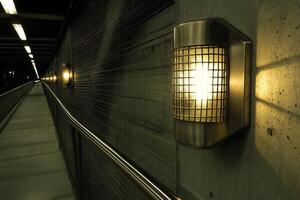 Dimly lit corridor with industrial wall-mounted lights. photo