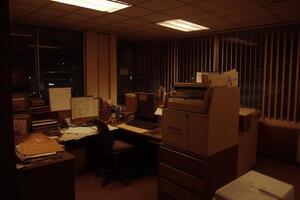 Dimly lit office space with desks and equipment. photo