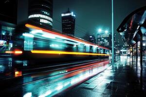 Night scene of a tram in a city with reflections. photo