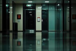 Modern hallway with elevators and reflective floor. photo