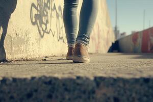 Person walking on a textured path with graffiti backdrop. photo