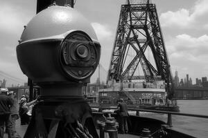 Industrial scene featuring a ship and a bridge. photo