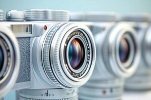Close-up of white cameras showcasing photography equipment. photo