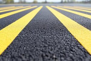 Close-up of yellow stripes on a black asphalt surface. photo