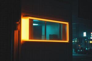 Neon-lit window in an urban setting at night. photo