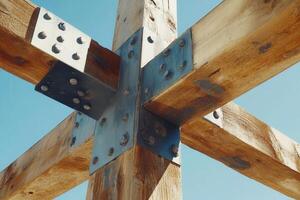 Close-up of wooden beams joined by metal brackets. photo