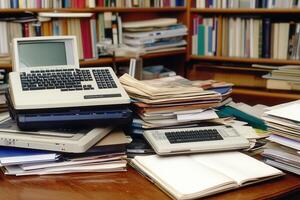Cluttered workspace with computers and documents. photo