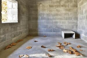 Empty, barren room with scattered leaves on the floor. photo
