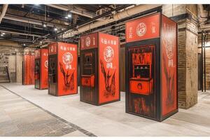 Exhibition featuring vintage vending machines in a modern space. photo