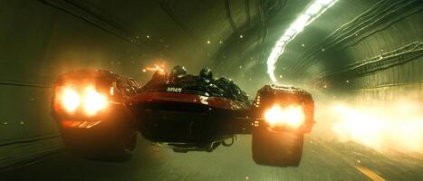 Futuristic vehicle speeding through tunnel photo