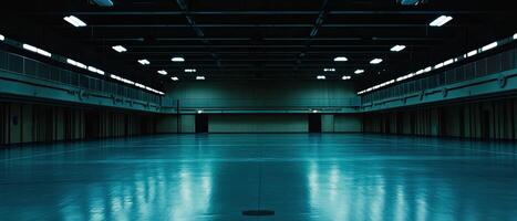 Empty hall, teal floor, overhead lights, mezzanine photo