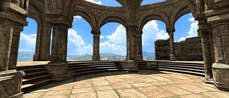 Ancient stone rotunda overlooking valley photo