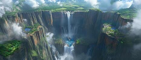 A waterfall is surrounded by trees and clouds photo