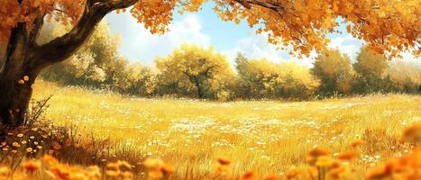 Golden autumn field, tree canopy, sunny day, background forest, game design photo
