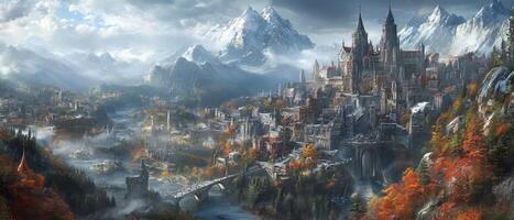 Autumnal mountain city, river, bridge, fantasy photo