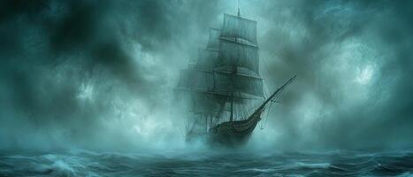 Stormy Sea Sailing Ship in Fog, Game Background photo