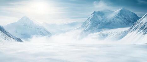 Snowy mountain range, blizzard, winter landscape, serene background, travel photo