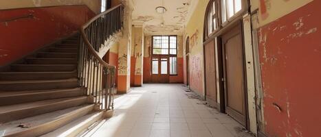 An empty hallway with a staircase leading to the top photo