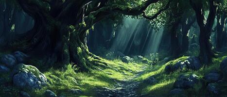 Sunlit Forest Path, Mossy Rocks, Game Background photo