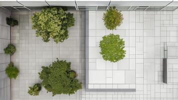 Aerial view rooftop garden, urban oasis, modern building photo