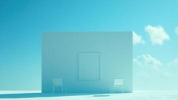 Blank frame, outdoor gallery, chairs, sky, mockup photo