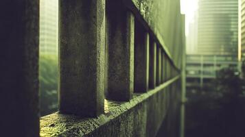 Cityscape view through urban fence at dawn photo