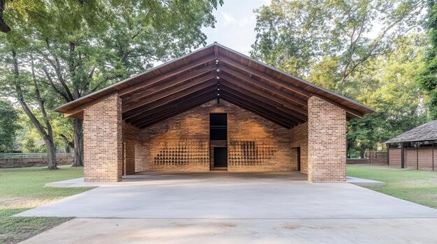 Brick pavilion, park stage, trees, open-air, event photo