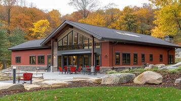 Autumn lodge patio, woodland setting, relaxation photo