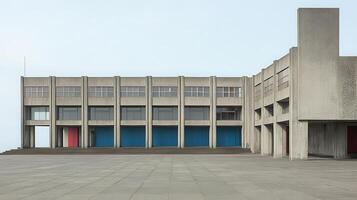 Concrete building, coastal plain, overcast sky, empty plaza photo