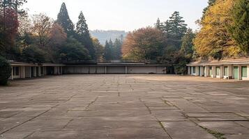 Autumnal park courtyard, empty changing rooms, hills photo