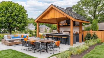 Backyard pavilion, outdoor kitchen, dining, lush garden photo