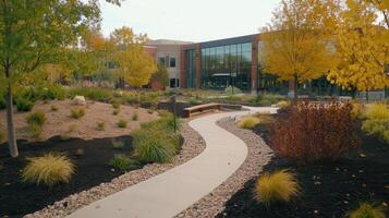 Autumn campus path, modern building, landscaping photo