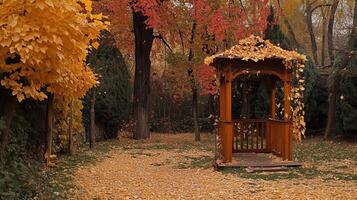 Autumn leaves fall on gazebo, garden photo