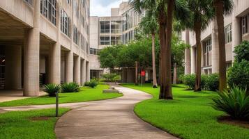 Courtyard path, modern building, palm trees, campus photo