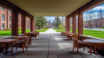 Campus Courtyard Students stroll, brick buildings, spring photo