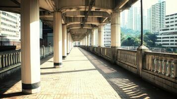 City walkway, sunlight, urban backdrop, travel photo