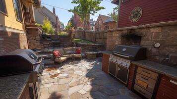 Backyard Patio Grill Stonework Suburban Setting photo