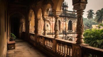 Balcony view of decaying mansion, India photo