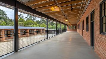 Brick building balcony, courtyard view, afternoon light, residential use photo