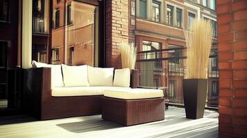 City balcony wicker sofa relaxation sunny day photo