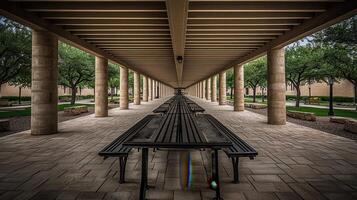 Campus colonnade tables, trees, perspective photo
