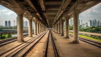 City train tracks underpass, urban backdrop photo
