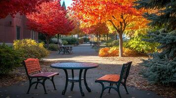 Autumn park path, table, chairs, leaves, building photo