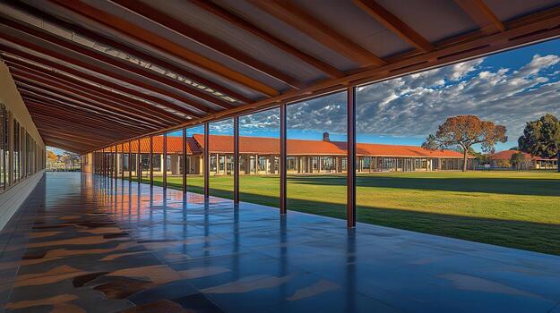 Covered walkway, campus view, sunny day, reflection photo