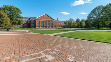 Campus brick path, building, sunny day, trees photo