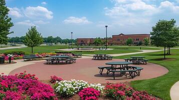 Campus picnic tables, sunny day, school background photo