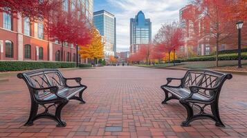 Two benches sit on a brick walkway in front of a tall building photo