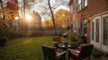 A patio with chairs and a table outside photo