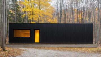 A black cabin in the woods with yellow leaves photo